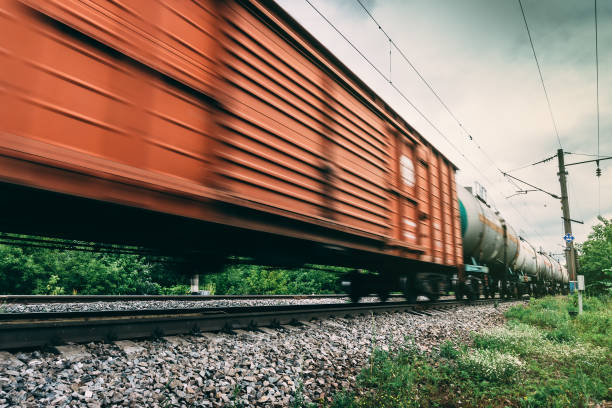 istock Freight train, railway wagons with motion blur effect. Transportation, railroad 865097768