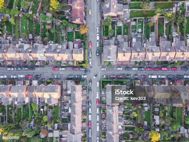 Aerial View Of Traditional Housing Suburbs Cross Roads In England Stock Photo - Download Image Now