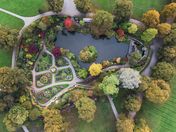 Aerial view of The Dingle, Quarry Park, Shrewsbury. Beautiful, award winning British public park taken from the air by a drone. quarry photos stock pictures, royalty-free photos & images