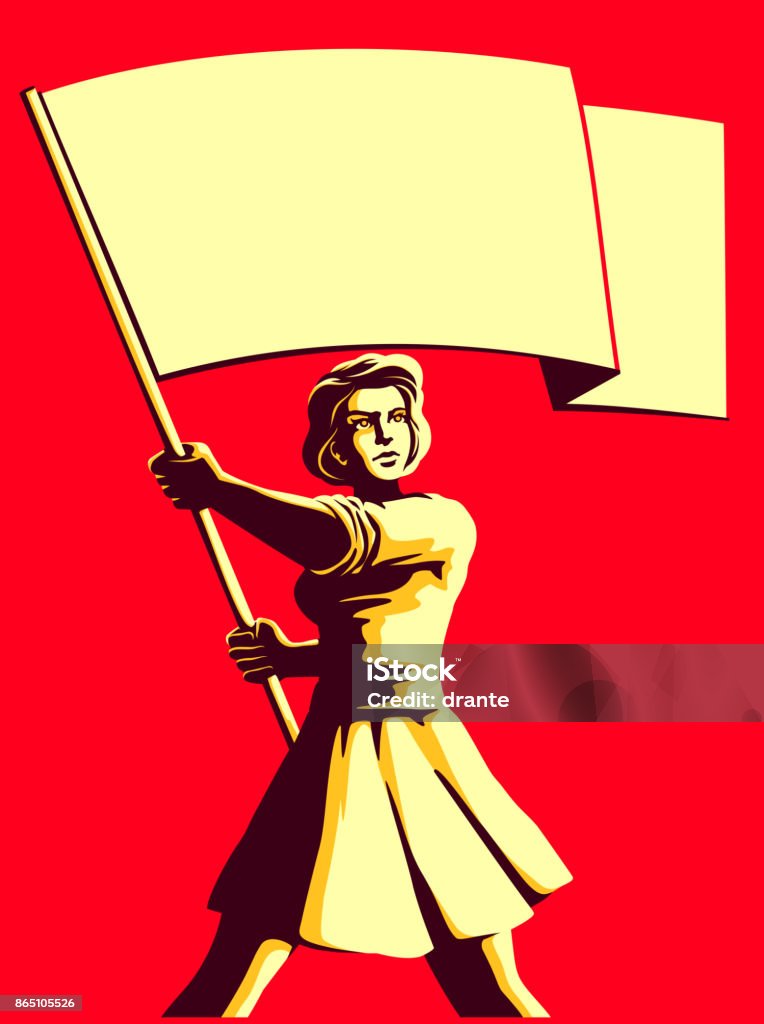 Vintage societ propaganda style patriot woman holding flag vector illustration Vintage soviet socialist propaganda style patriot woman holding blank flag vector illustration Flag stock vector
