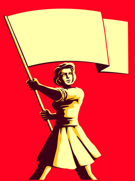 Vintage societ propaganda style patriot woman holding flag vector illustration Vintage soviet socialist propaganda style patriot woman holding blank flag vector illustration former soviet union stock illustrations