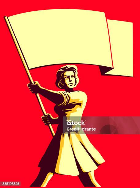Vintage Societ Propaganda Style Patriot Woman Holding Flag Vector Illustration Stock Illustration - Download Image Now