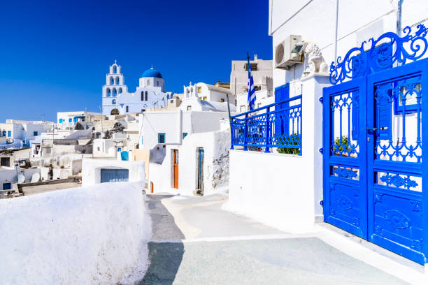 Pyrgos, Santorini, Greece, whitewashed city Pyrgos, Santorini, Greece. Famous attraction of white village with cobbled streets, Greek Cyclades Islands, Aegean Sea. fira santorini stock pictures, royalty-free photos & images