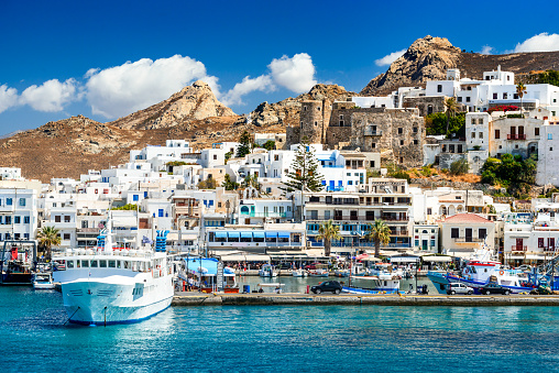 Naxos, Greek Islands. Sunny summer landscape with rocky island, Cyclades in Greece.