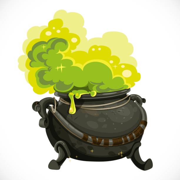 Witches cauldron with green potion and steam isolated on white background Witches cauldron with green potion and steam isolated on white background cauldron stock illustrations