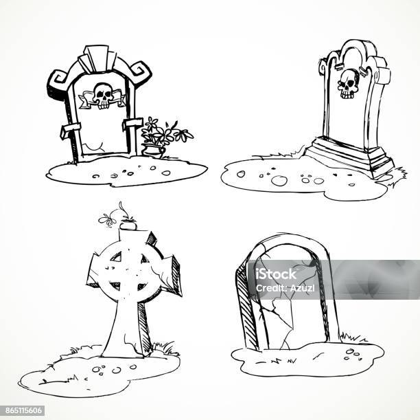 Scary Tombstones In Halloween Night Outlines Stock Illustration - Download Image Now - Blank, Block Shape, Celtic Cross