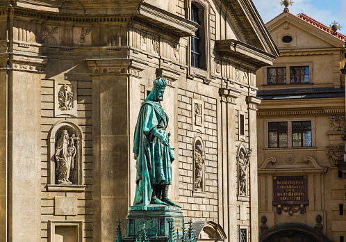 Prague, Czech Republic - October 7, 2017: Statue of Emperor Charles IV, the Holy Roman Emperor and King of Bohemia, designed by Arnost J. Hähnel and revealed in 1849.