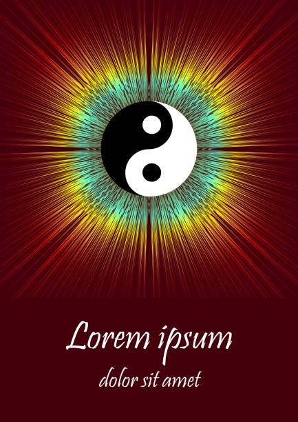 Symbol jin jang with multicolored rays aura on dark red background, spiritual flyer, poster, leaflet, book cover template Symbol jin jang with multicolored rays aura on dark red background, spiritual flyer, poster, leaflet, book cover template vector EPS 10 jin jang stock illustrations