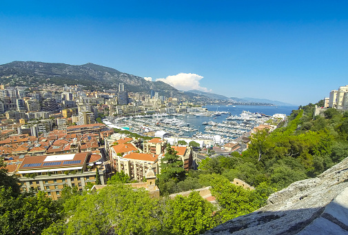 Panoramic view of Monte Carlo city. Luxury yachts and apartments in harbor of Monte Carlo, Cote d'Azur, Principality of Monaco