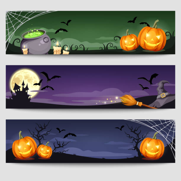 Halloween web banners. Vector eps-10. Vector Halloween web banners with jack-o-lanterns, cauldron, candles, castle, moon, witches hat and broom, spider web and bats. happy halloween banner stock illustrations