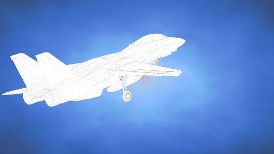 outlined 3d rendering of an airplane inside a blue studio