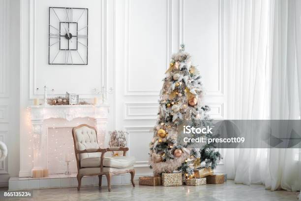 Classic White Christmas Interior Stock Photo - Download Image Now - Christmas Tree, White Color, Christmas
