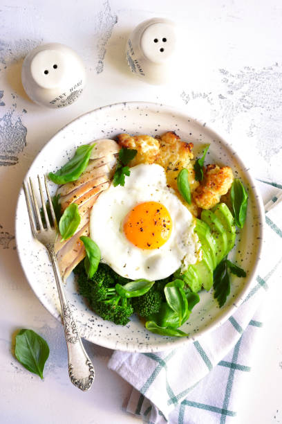 Dinner bowl with meat,fried egg and vegetables