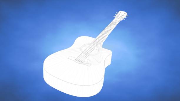 beschriebenen 3d-rendering einer gitarre im inneren ein blaues studio - gitarre grafiken stock-fotos und bilder