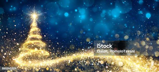 Golden Christmas Tree In Abstract Night Stock Photo - Download Image Now - Christmas, Christmas Tree, Backgrounds