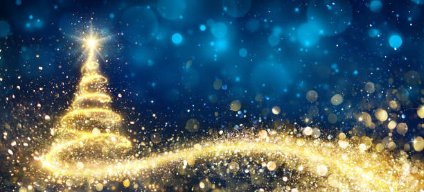 golden christmas tree in abstract night - tree lights imagens e fotografias de stock