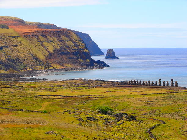 impressive easter island - rapa nui ancient civilization -  moai statues in idyllic countryside and pacific ocean waves at coastline shore, dramatic landscape panorama – chile - moai statue statue ancient past imagens e fotografias de stock