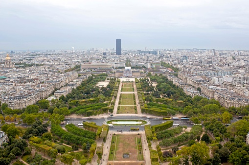 Mars field and the Montparnasse building from aerial view in Paris, France