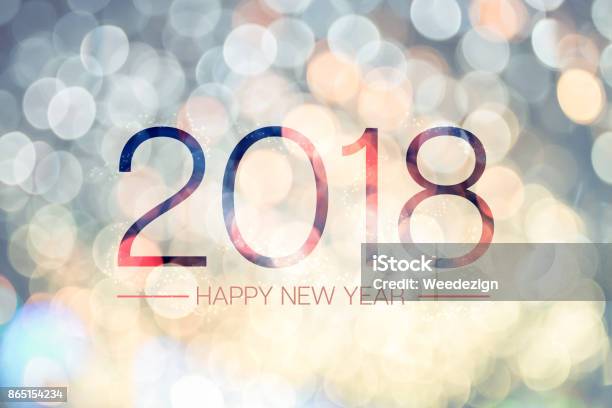 Happy New Year 2018 With Pale Yellow Bokeh Light Sparkling Backgroundholiday Greeting Card Stock Photo - Download Image Now