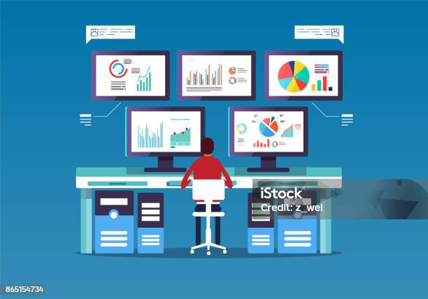 A Man In Front Of The Computer To Do Big Data Analysis Stock Illustration - Download Image Now