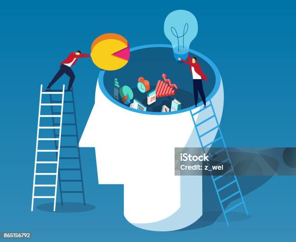 Throw Data And Ideas Into The Brain Stock Illustration - Download Image Now - Learning, Human Brain, Contemplation