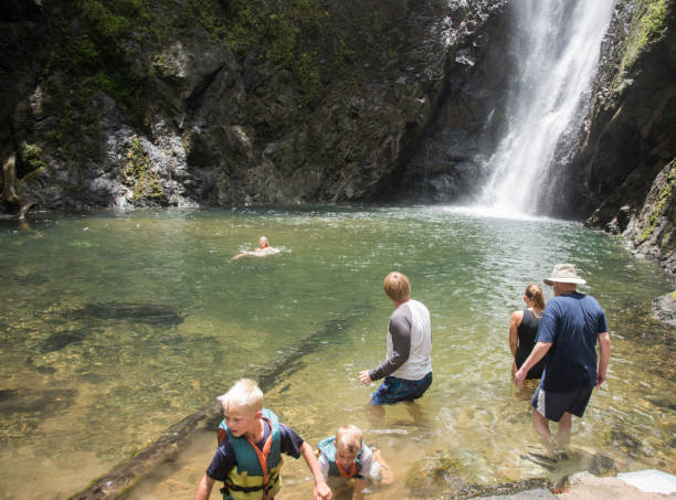 Magical Waterfall Swim Suva, Viti Levu, Fiji-November 28, 2016: Tourists swimming in remote, natural waterfall with rock wall in the tropical rainforest of Suva, Fiji suva photos stock pictures, royalty-free photos & images