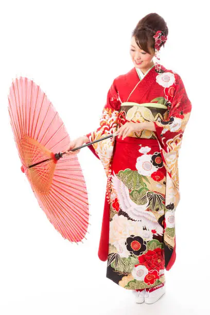 portrait of asian woman wearing furisode isolatedd on white background