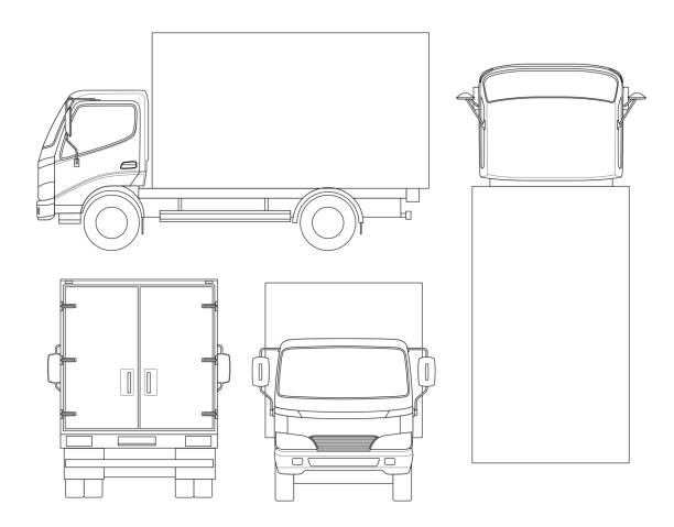 fracht-lkw-transport auf umriss. schnelle lieferung oder logistik transport. einfach farbe zu ändern. vorlage-vektor isoliert auf weißen ansicht vorne, hinten, seitlich, top - delivering freedom shipping truck stock-grafiken, -clipart, -cartoons und -symbole