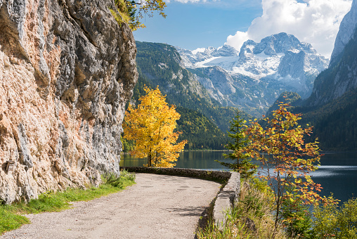 Gosausee, Beautiful Fall Colors with Dachstein Glacier in back, Lake Gosau, Austria. Nikon D810. Converted from RAW.