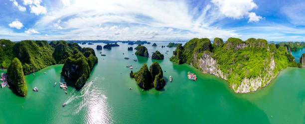 Super panorama Karst Island Landscape In Halong Bay, Vietnam. high quality Hạ Long Bay  is a UNESCO World Heritage Site and popular travel destination in Quảng Ninh Province, Vietnam. gulf of tonkin photos stock pictures, royalty-free photos & images