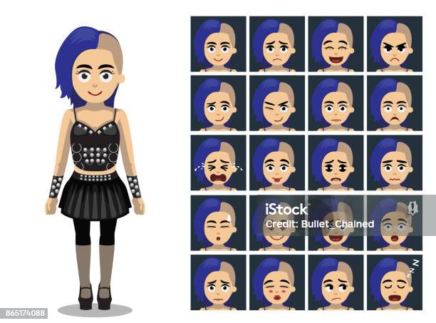 Punk Blue Hair Girl Cartoon Emotion Faces Vector Illustration Stock Illustration - Download Image Now