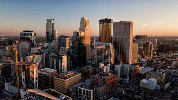 Minneapolis Skyline - Aerial View Minneapolis Skyline - Aerial View - Sunset minneapolis stock pictures, royalty-free photos & images