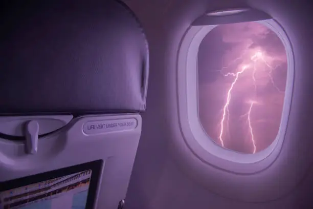 Photo of Ligthning storm viewed from inside an airplane windows.Airplane flight during a thunderstorm and rain, bad weather