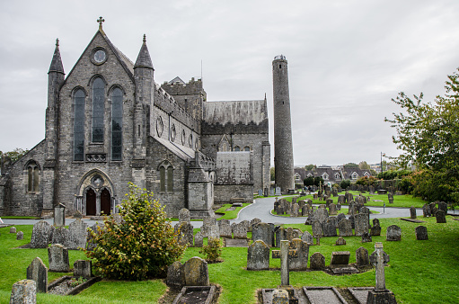 Saint Canice's Cathedral and Cemertery in Kilkenny, Ireland during day of autumn