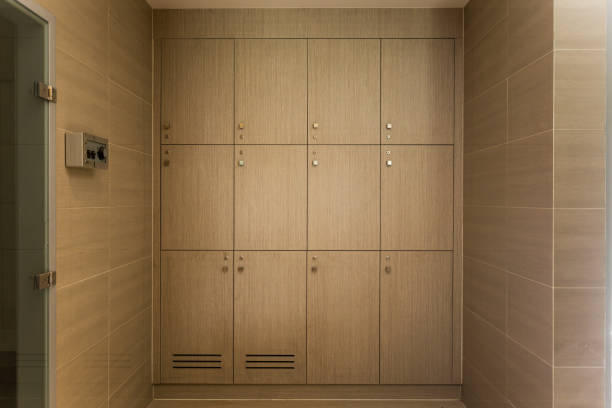 istock wooden locker room in the modern building 865221036