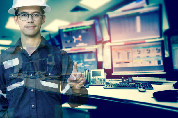istock Double exposure of  Engineer or Technician man in working shirt press his finger for new innovation with group of computers room background, business and industry concept. 865223838