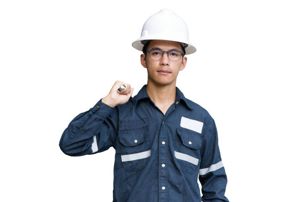 istock Asian man,Engineer or Technician in white helmet, glasses and blue working shirt suit holding wrench, isolated on white, mechanic and Oil and Gas industrial concept with clipping path. 865223884