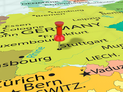 Pushpin on Stuttgart map background. 3d illustration.