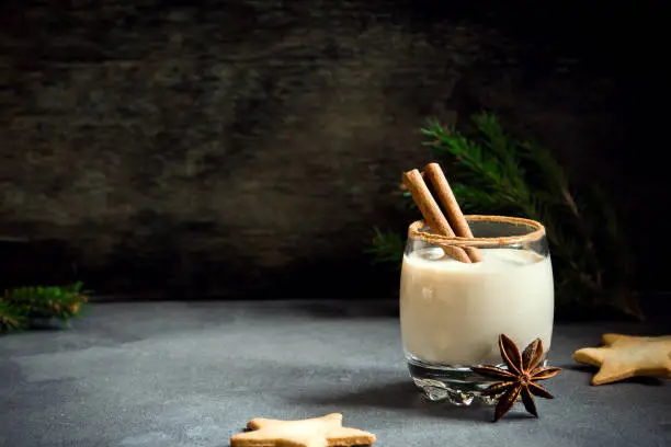 Eggnog with cinnamon and nutmeg for Christmas and winter holidays. Homemade eggnog in glass with spicy rim.