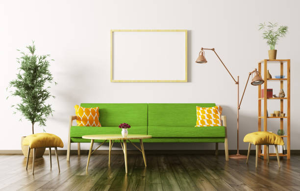 wnętrze salonu z sofą 3d render - plant orange wall architecture zdjęcia i obrazy z banku zdjęć
