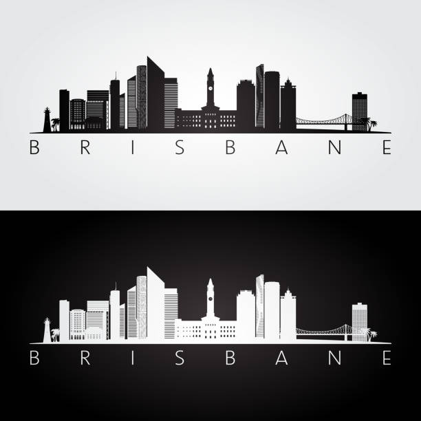 ilustrações de stock, clip art, desenhos animados e ícones de brisbane skyline and landmarks silhouette, black and white design, vector illustration. - queensland