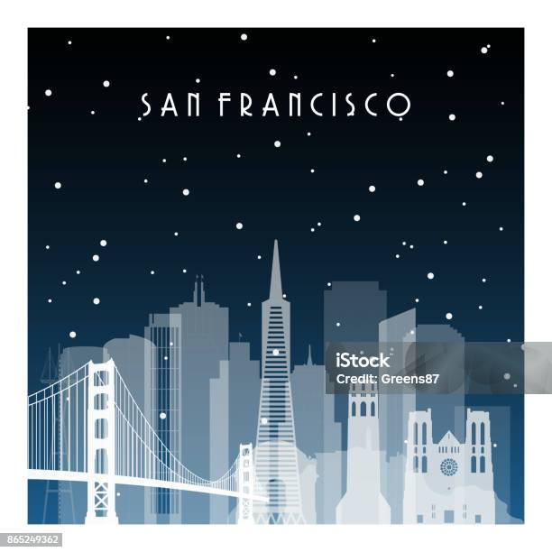 Ilustración de Noche De Invierno En San Francisco Ciudad De La Noche En Plano Estilo Por Bandera Cartel Ilustración Juego Fondo y más Vectores Libres de Derechos de San Francisco