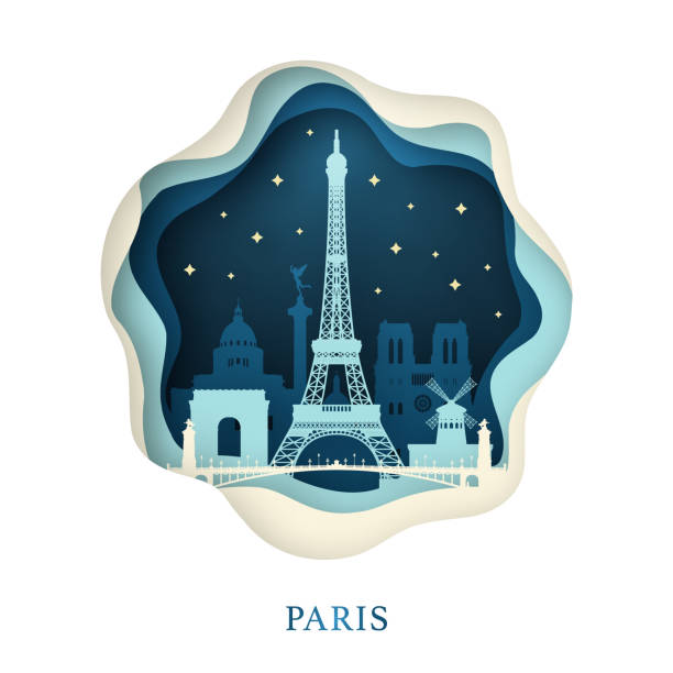 illustrazioni stock, clip art, cartoni animati e icone di tendenza di arte cartatica di parigi. concetto di origami. città notturna con stelle. illustrazione vettoriale. - paris
