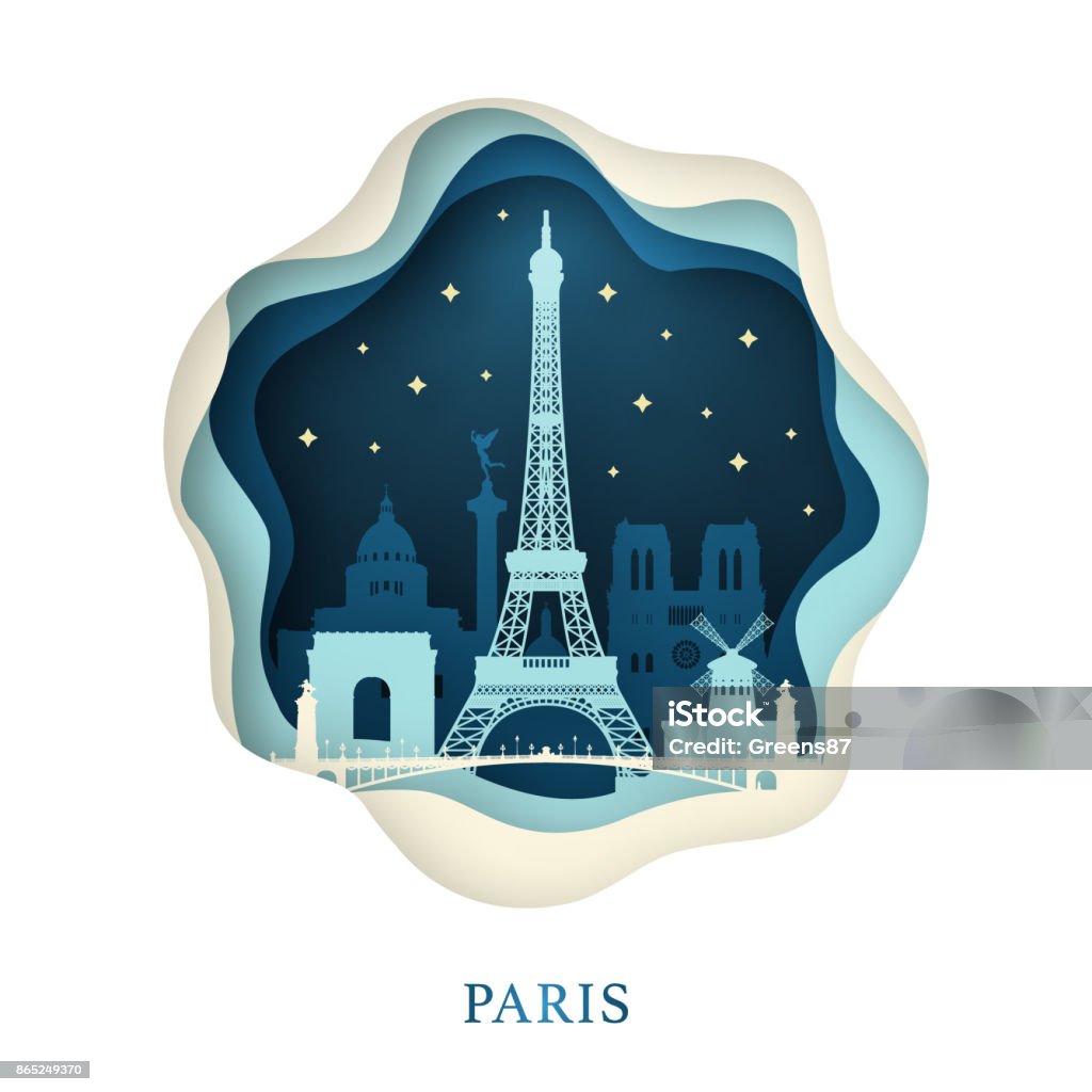 Paper art of Paris. Origami concept. Night city with stars. Vector illustration. Paris - France stock vector