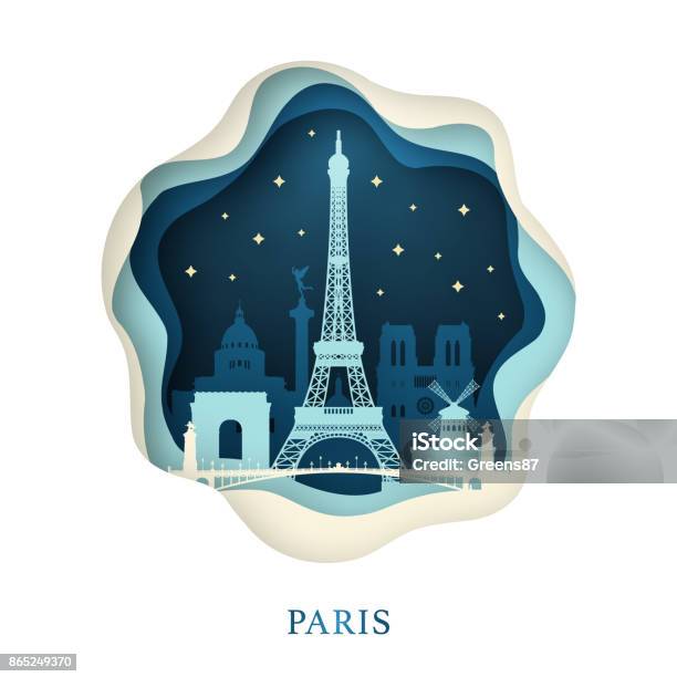 Paper Art Of Paris Origami Concept Night City With Stars Vector Illustration Stock Illustration - Download Image Now