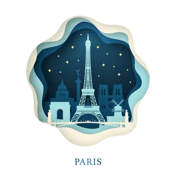 Vector illustration of Paper art of Paris. Origami concept. Night city with stars. Vector illustration.