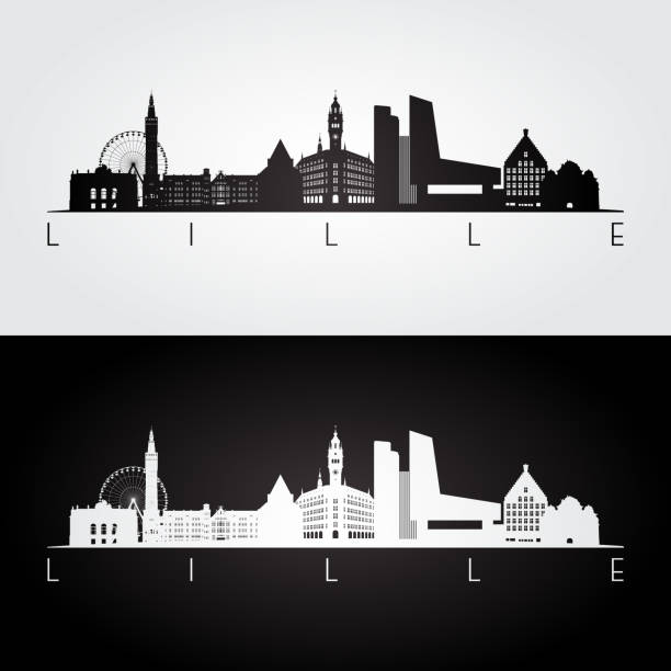 illustrations, cliparts, dessins animés et icônes de lille skyline et repères silhouette, noir et blanc design, illustration vectorielle. - lille