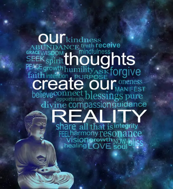 Deep space background with a lotus seated buddha in left corner and a word cloud surrounding the phrase OUR THOUGHTS CREATE OUR REALITY