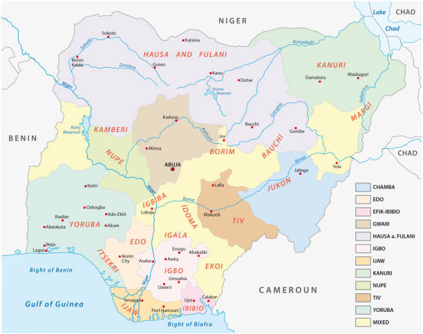 illustrazioni stock, clip art, cartoni animati e icone di tendenza di mappa della nigeria dei principali gruppi lingustici - niger delta