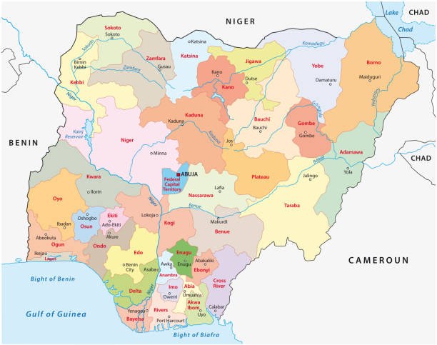 ilustrações de stock, clip art, desenhos animados e ícones de nigeria administrative map - niger river